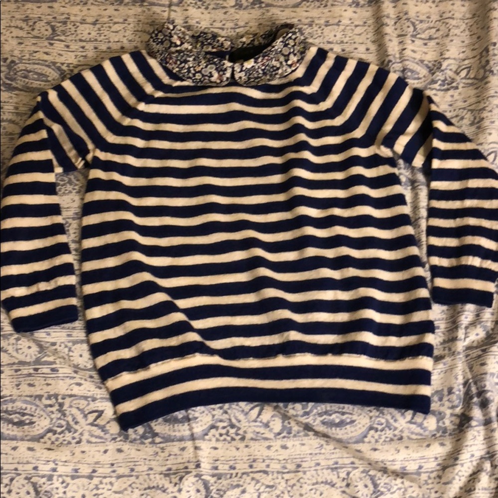 Blue and White Striped 3/4 Sleeve Sweater